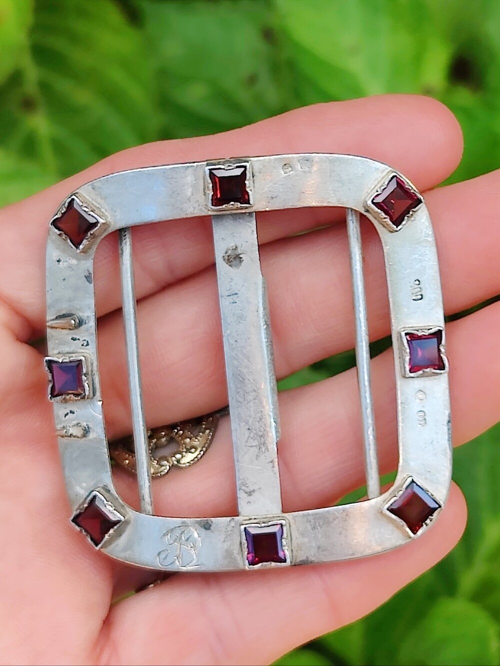 Antique Edwardian 900 Silver B Etched Garnet Belt Buckle